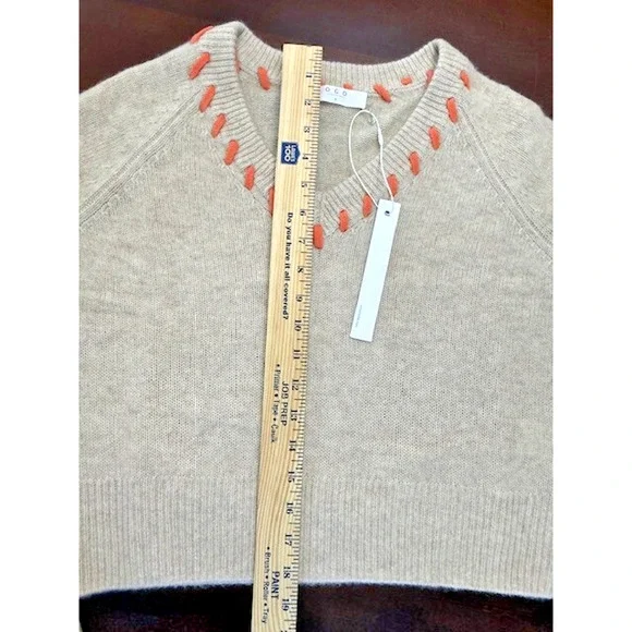 One Grey Day Cashmere V Neck Oatmeal Orange Stitch Sweater Size Small NWT $378 - Picture 8 of 8